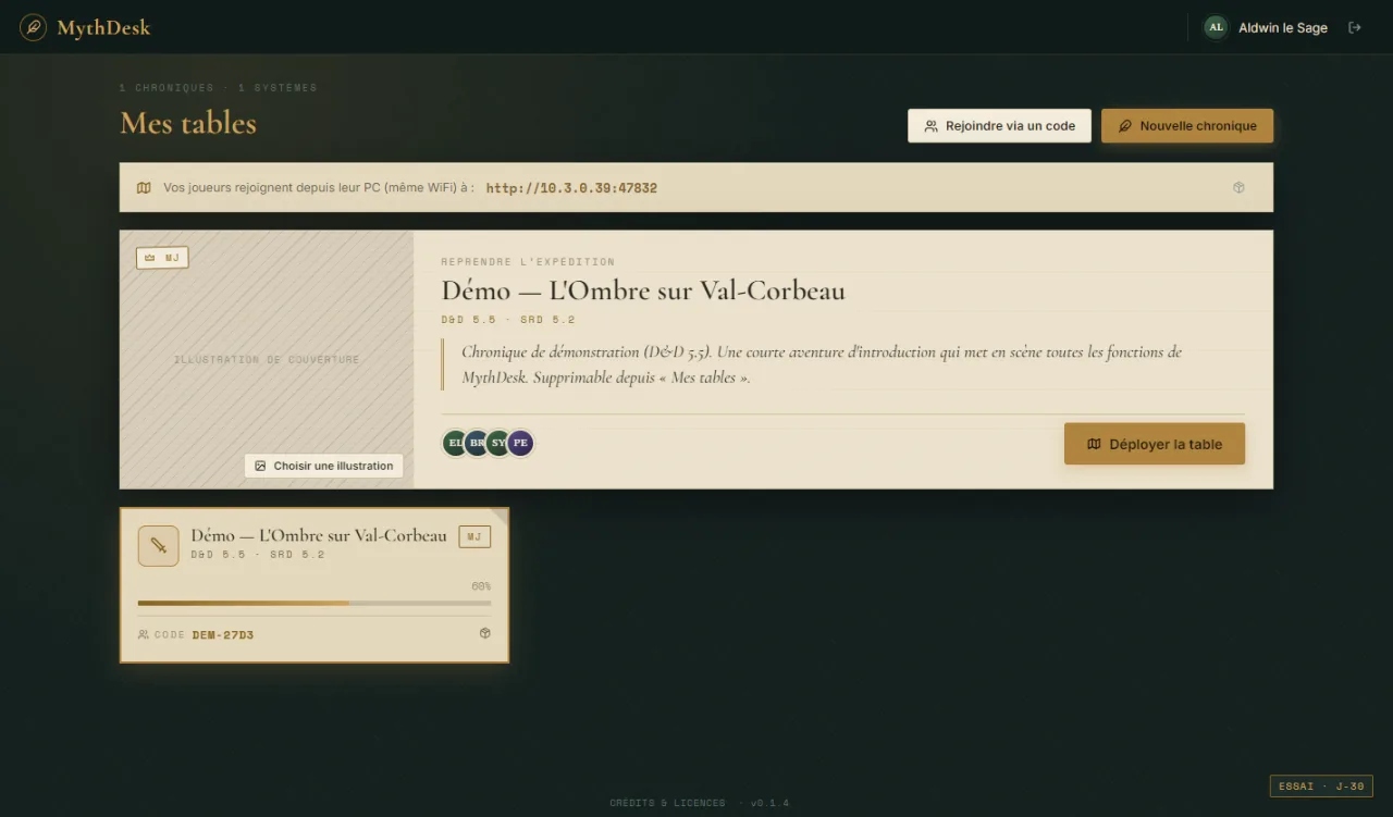L'écran « Mes tables » de MythDesk avec la chronique de démonstration L'Ombre sur Val-Corbeau