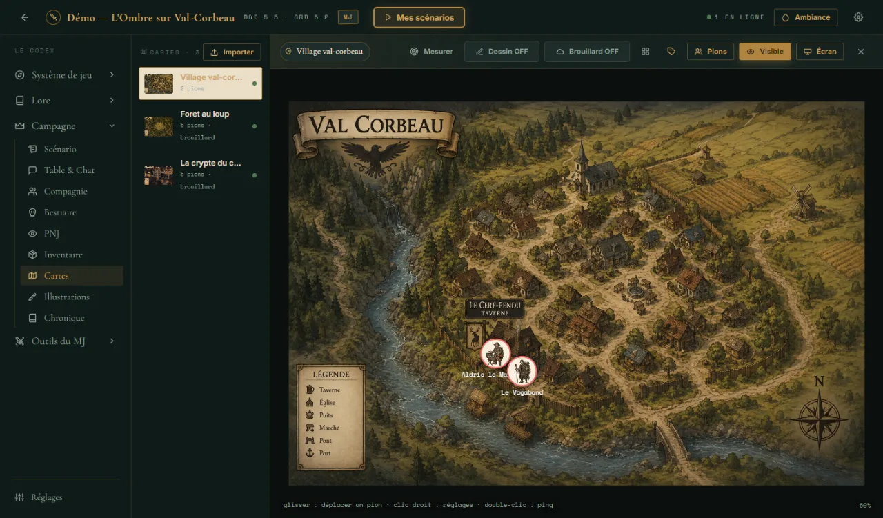 La carte de Val-Corbeau dans MythDesk : pions, légende, règle de mesure et écran de table