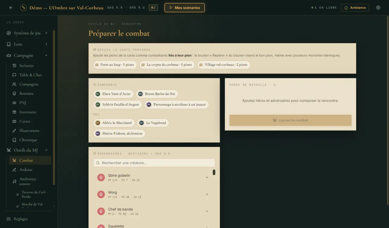 L'atelier de combat de MythDesk : compagnie, PNJ et adversaires du bestiaire prêts à l'ordre de bataille