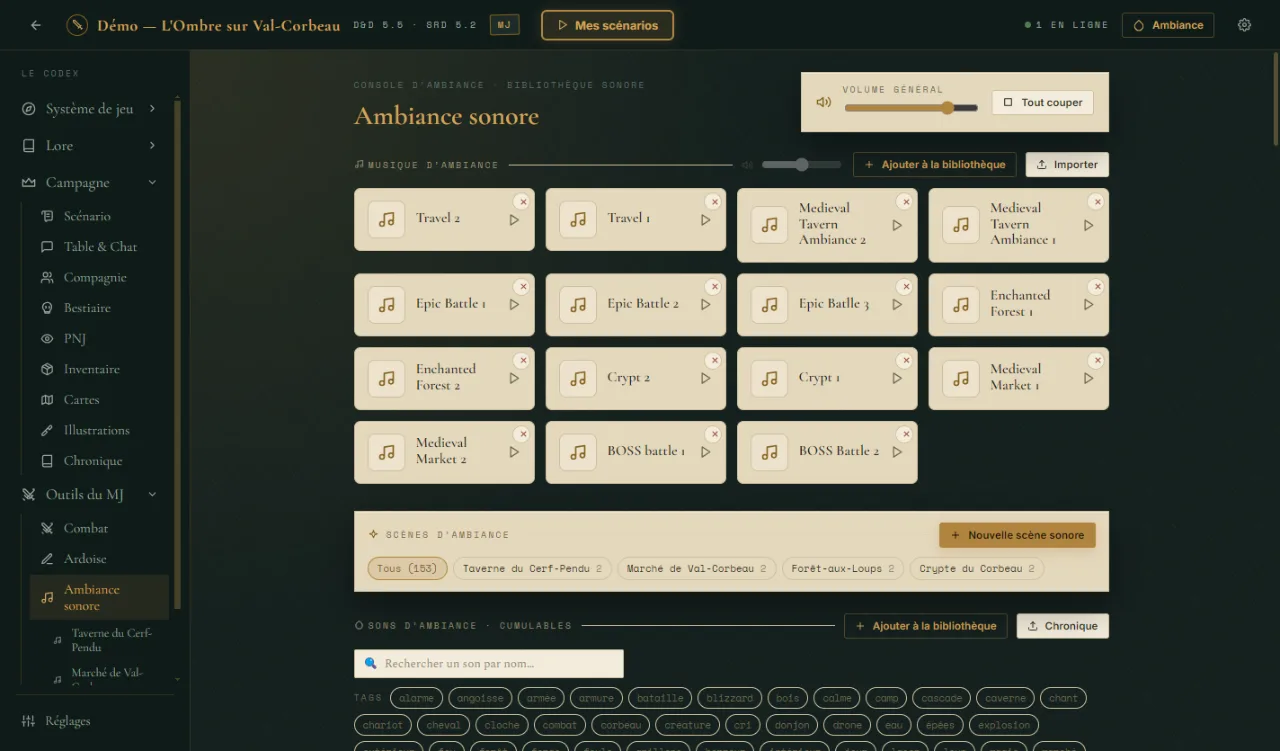La console d'ambiance sonore de MythDesk avec les scènes de la démo