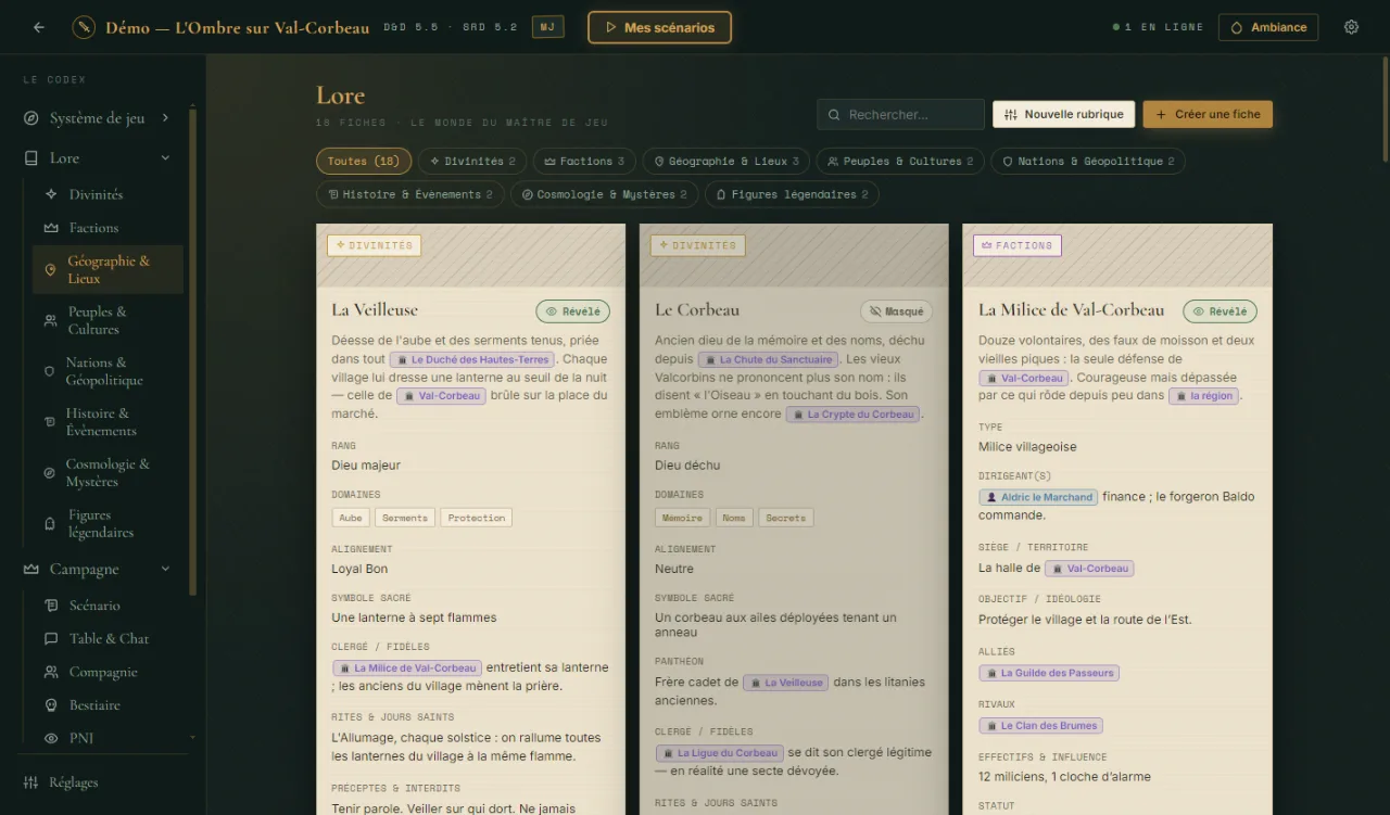 La section Lore de MythDesk : rubriques, fiches structurées et mentions reliées