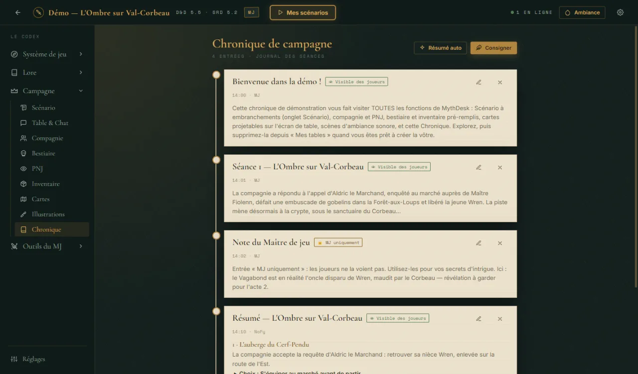 La Chronique de campagne de MythDesk : journal des séances et résumé généré automatiquement